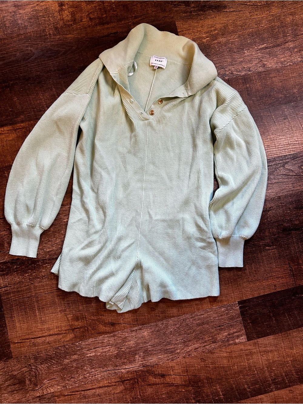 Sabo Mint Green Ribbed Henley Sweater Romper
